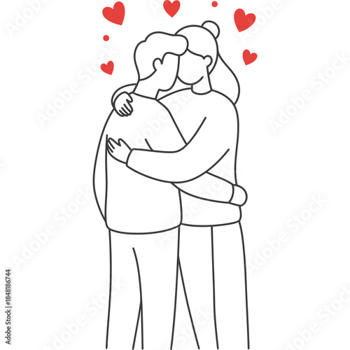 Romantic Illustration of a Couple Hugging with Hearts Floating Around Them, Symbolizing Love and Affection