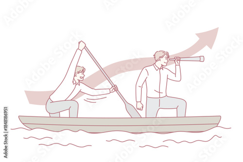 Business strategy and teamwork concept. Young business men sitting together in boat having common direction and looking forward vector illustration