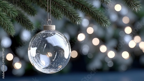 Elegant glass ornament hanging with golden glitter against a soft bokeh background during the holiday season
