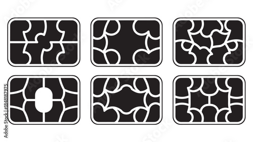 Abstract puzzle piece designs in black and white on transparent background silhouette