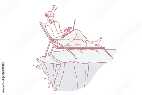 Earthquake and feeling panic concept. Young businessman sitting in chair with laptop and looking at abyss of sudden danger earthquake vector illustration