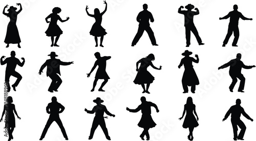 Black silhouettes of men and women dancing and posing in various styles people woman