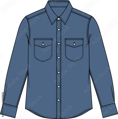 Blue denim shirt with two chest pockets and white buttons blue shirt long sleeve shirt