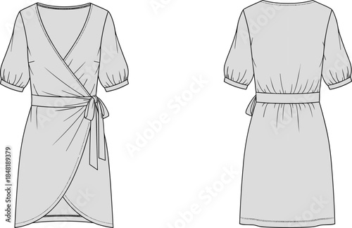Front and back flat sketch of a grey short sleeve wrap dress fashion
