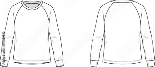 Front and back flat sketch of a long sleeve raglan t shirt vector