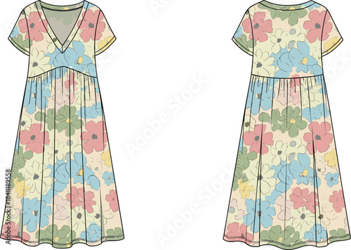 Front and back view of a floral print midi dress with V-neck vector
