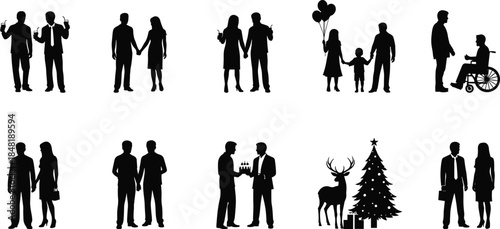 Collection of black silhouettes of people and holiday elements woman couple