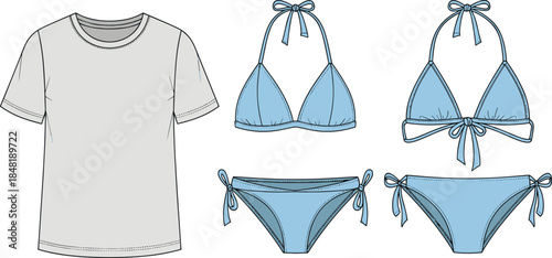 Light gray t shirt and light blue bikini set with tie details t-shirt grey