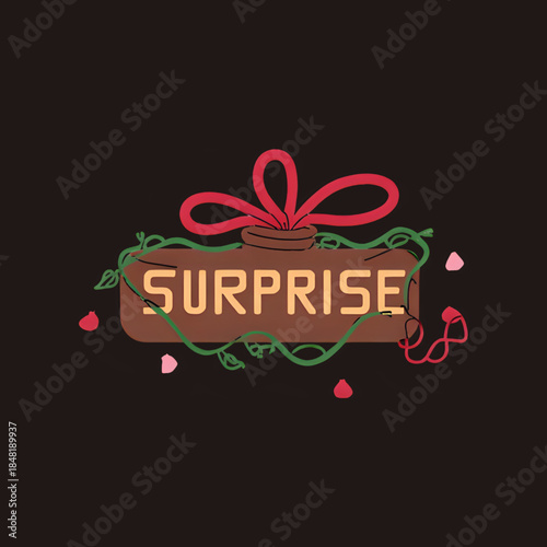 Surprise Message Illustration with Red Ribbon, Vines, and Hearts on Dark Background