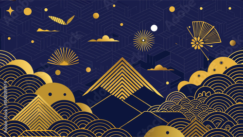 Gold and blue background featuring a traditional Japanese geometric pattern..eps