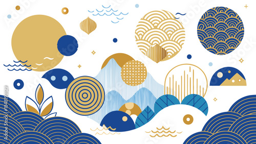 Aesthetic Japanese backdrop showcasing a blend of gold and blue geometric shapes in a captivating arrangement..eps