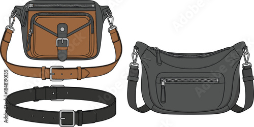 Two fashion waist bags and a black belt with silver buckles fanny pack sling bag