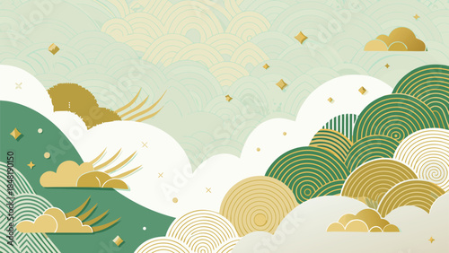 Golden Japanese background featuring an elegant cloud pattern, creating a serene and traditional aesthetic..eps