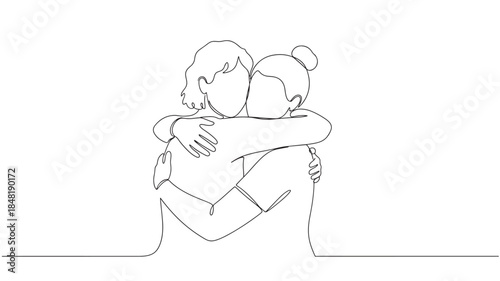 Two people embracing in a tender moment continuous line drawing silhouette on transparent background
