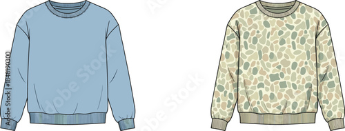 Two long sleeve crew neck sweaters one solid light blue one camouflage pattern sweatshirt apparel