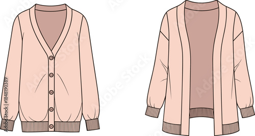Two pink cardigans one buttoned front view one open clothing apparel