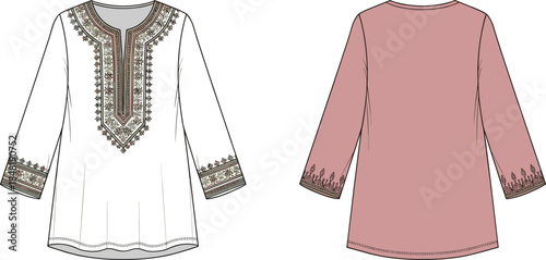 White tunic with embroidered neckline and sleeves and pink tunic back view clothing garment