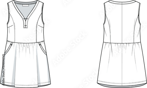 White sleeveless v-neck dress with zip detail and gathered skirt front and back vector