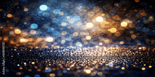Shiny water drops on glass create a glowing golden bokeh background with bright holiday glitter and blurred Christmas lights for a festive celebration backdrop