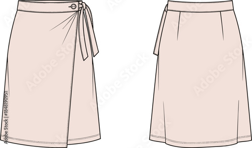 Light pink wrap skirt with tie and button detail front and back views fashion clothing