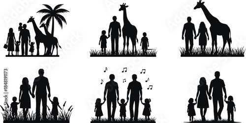Silhouette families with giraffes palm tree and musical notes family father