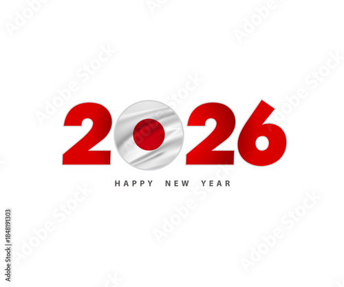 “2026” with Japanese flag as zero and “Happy New Year” text on red background, symbolizing festive celebration.