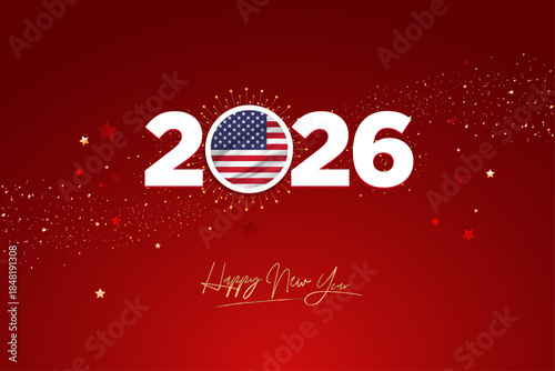 “2026” styled with American flag and “HAPPY NEW YEAR” text, symbolizing patriotic celebration.	