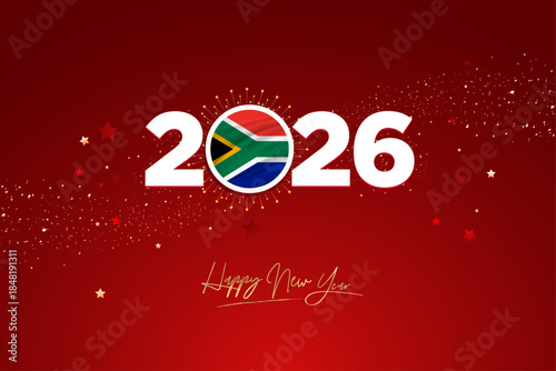 “2026” with South African and Dutch flag styling and “HAPPY NEW YEAR” text, symbolizing global celebration.	