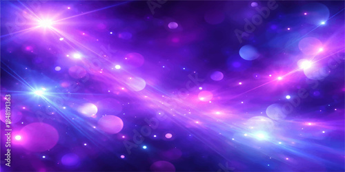 Bright abstract blue background with magic glowing stars and purple light particles in a festive Christmas holiday design featuring a dark night space pattern and glitter vector wallpaper