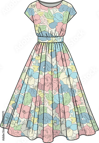 Vintage style floral print midi dress with cap sleeves and pleated skirt vector