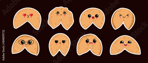 Set of kawaii fortune cookies with different emotions on dark background. Cute cartoon food sticker collection with expressive faces.