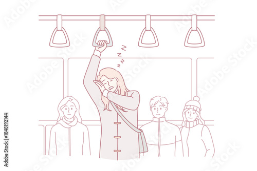 Feeling sleepy in public transport concept. Young woman cartoon character standing trying to sleep im public bus on way to work vector illustration
