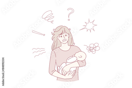 Stressed young mother hold baby in arms feel frustrated with postpartum depression. Anxious single mom feel depressed suffer from psychological mental problems after pregnancy. Vector illustration.