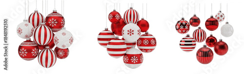 Red and White Christmas Baubles Ornament isolated on white background, festive hanging holiday decorations with snowflake patterns, set of 3