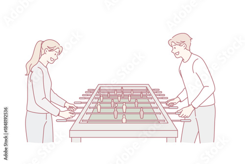 Playing board games and hockey concept. Young excited couple standing playing table air hockey having fun together vector illustration
