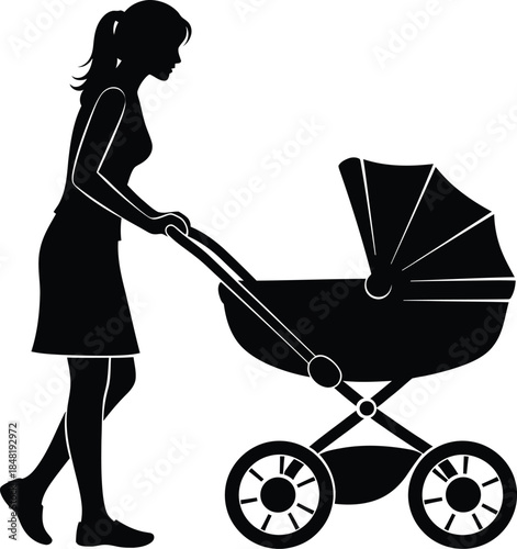 Mother pushing baby stroller silhouette parenting lifestyle icon design On white Background  Vector illustration