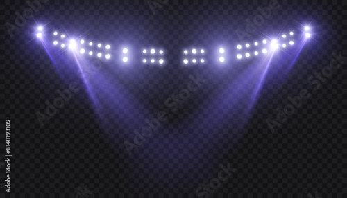Stage spotlights with purple beams and LED light bar, isolated on transparent background. Lighting effect for concerts, shows, presentations and event design.