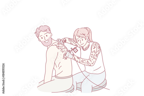 Male client get tattoo on back with female master in saloon. Woman make body art painting for man customer in studio. Tattooing concept. Subculture and diversity. Flat vector illustration.