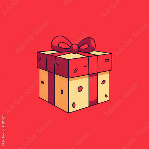 Illustrated Gift Box with Red Bow on Red Background - Celebration & Holiday Present