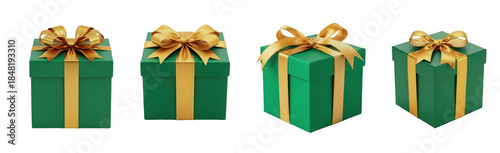 Green Gift Box isolated on white, emerald present with gold satin ribbon and bow, luxury holiday surprise, set of 4
