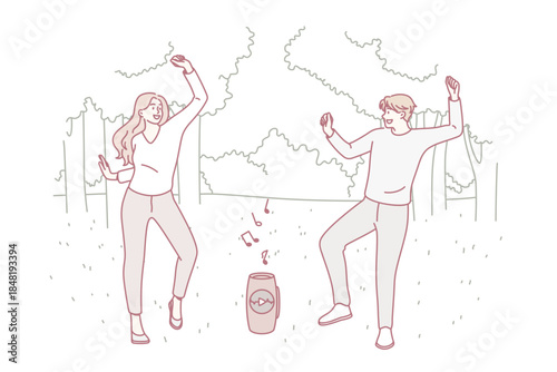 Having fun and entertainment concept. Young smiling couple cartoon characters dancing together with music from column having fun in park vector illustration