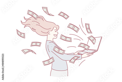 Earning and making money in internet concept. Young smiling woman cartoon character standing holding laptop with flying heaps of cash currency vector illustration