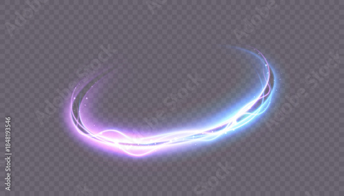 Glowing curved light swoosh with blue and purple energy lines and soft haze, abstract motion trail for futuristic highlights and magic effects. Vector.