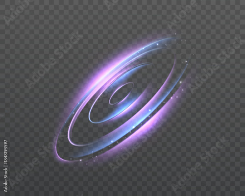 Abstract glowing spiral vortex ring with purple and blue light trails and particles, isolated. Vector effect for sci-fi interfaces, games, and overlays.