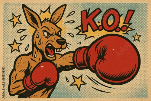 Retro Comic Style Kangaroo Boxing with Knockout Punch Illustration