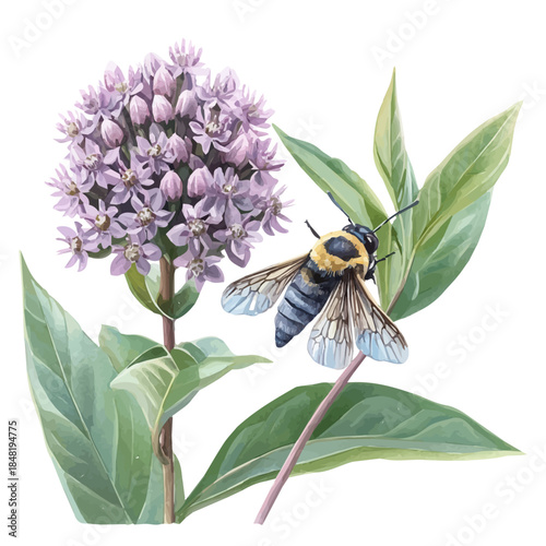 watercolor of Milkweed Flower, vector, isolated on a white background.