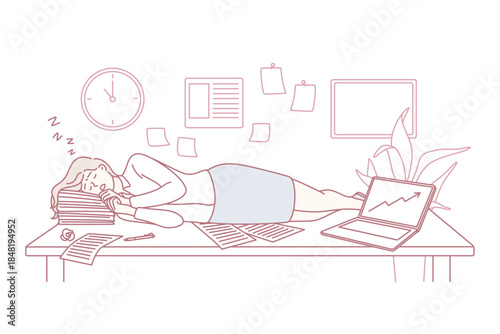 Tiredness and exhaustion concept. Young woman cartoon character lying down and sleeping in office near papers and laptop vector illustration
