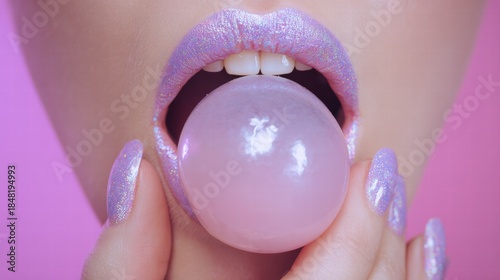 Glittery Lavender Lips Blow a Bubble Gum Bubble With Glossy Nail Art in a Pink Studio