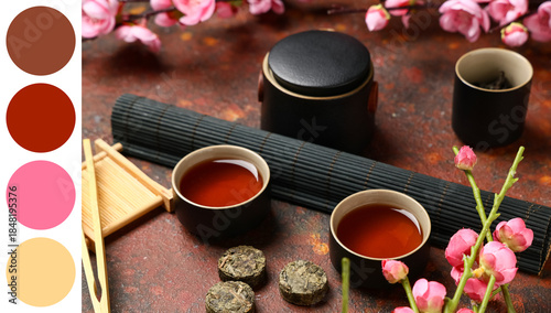 Teapot with cups of tea, dry pressed puer leaves, bamboo mat, tongs and plum blossom branches on red grunge background