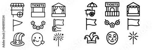 Carnival and festival celebration elements including ticket booths, flags, party hats, and sparklers